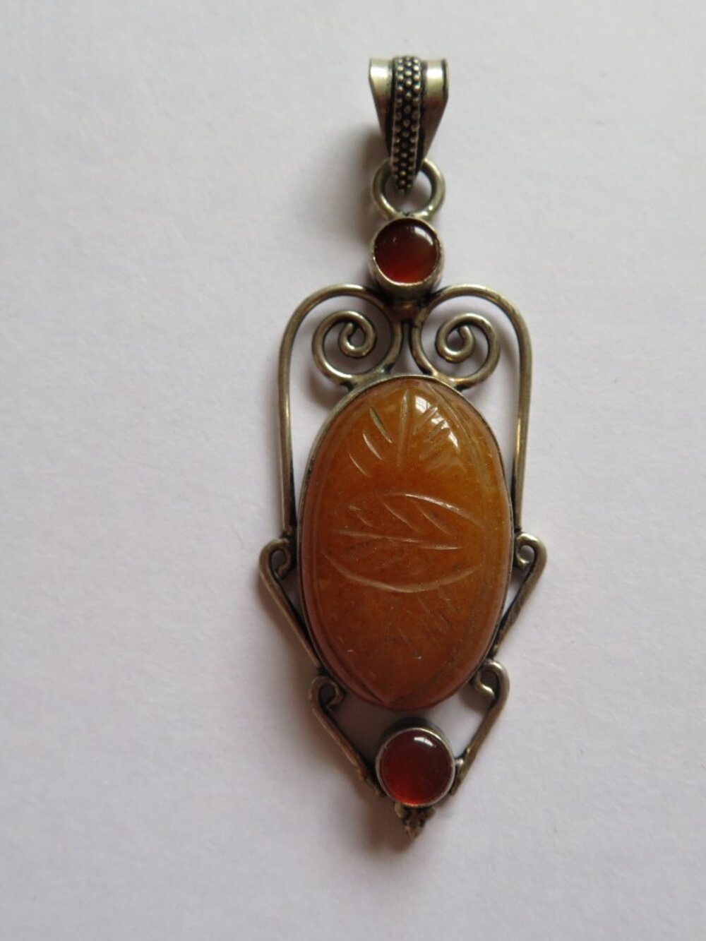 925 Sterling Silver Carnelian Carved Large Oval Gemstone Pendant